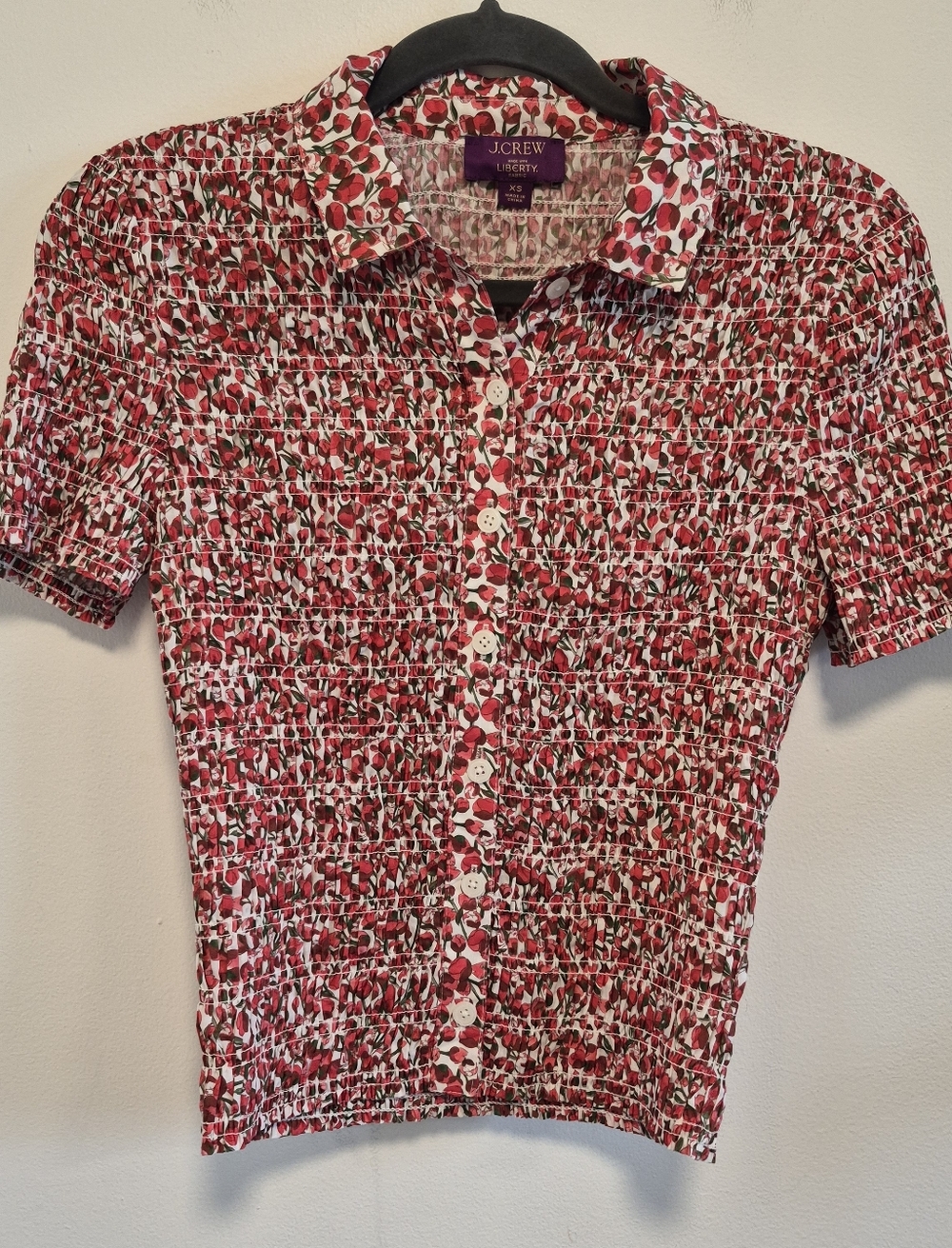 J. Crew Liberty Fabric Smocked Button-up Top Red Floral Sz XS Cottagecore Preppy - Picture 4 of 12